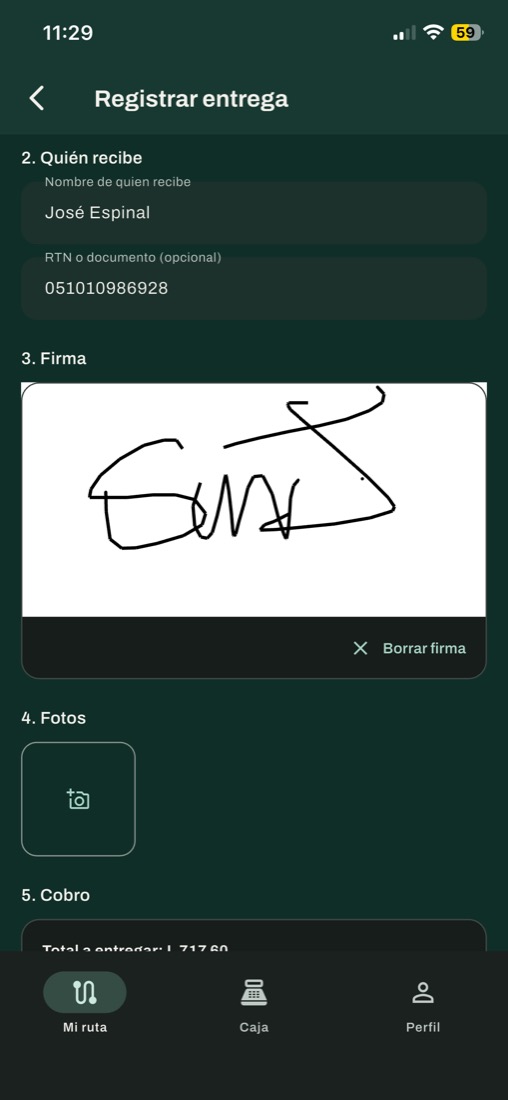 Pantalla del repartidor registrando una entrega con la firma de quien recibe