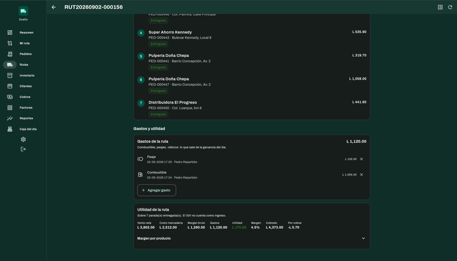Gastos de la ruta y cálculo de utilidad con venta neta, costo de mercadería y margen